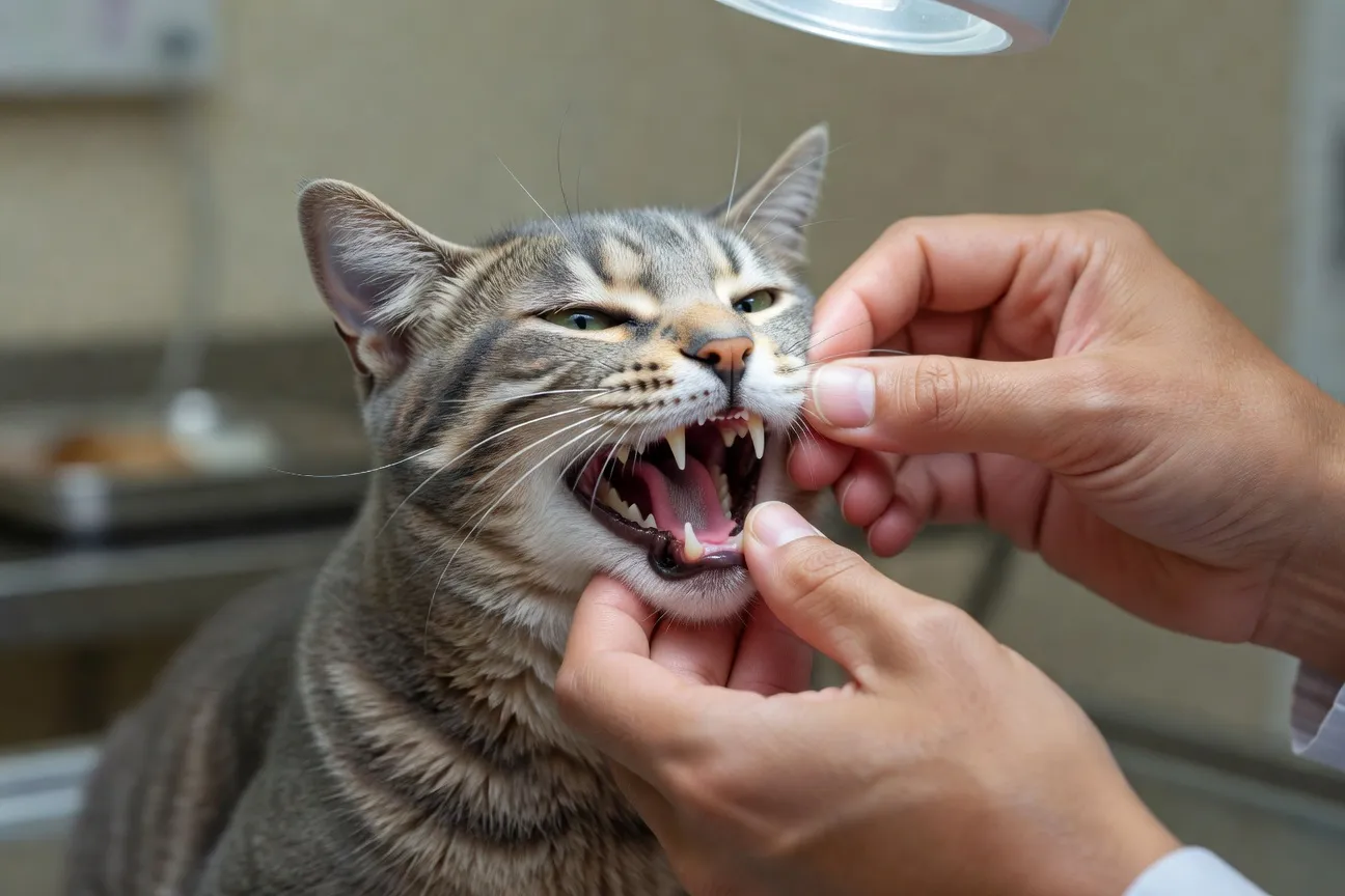 Un chat blanc couché sur le côté avec un regard fatigué et un propriétaire inquiet à ses côtés