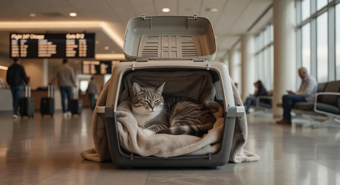 Un chat confortablement installé dans un sac de transport souple homologué pour l'avion