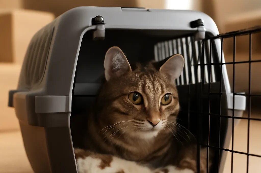 Une caisse de transport pour chat ouverte et posée au sol dans un salon, avec une couverture familière à l'intérieur, avant un déménagement