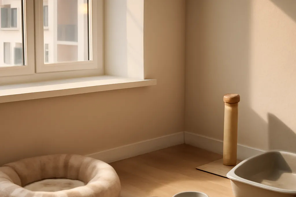 Un coin de pièce refuge préparé pour un chat dans un nouveau logement, avec panier, litière, griffoir et gamelle près d'une fenêtre lumineuse