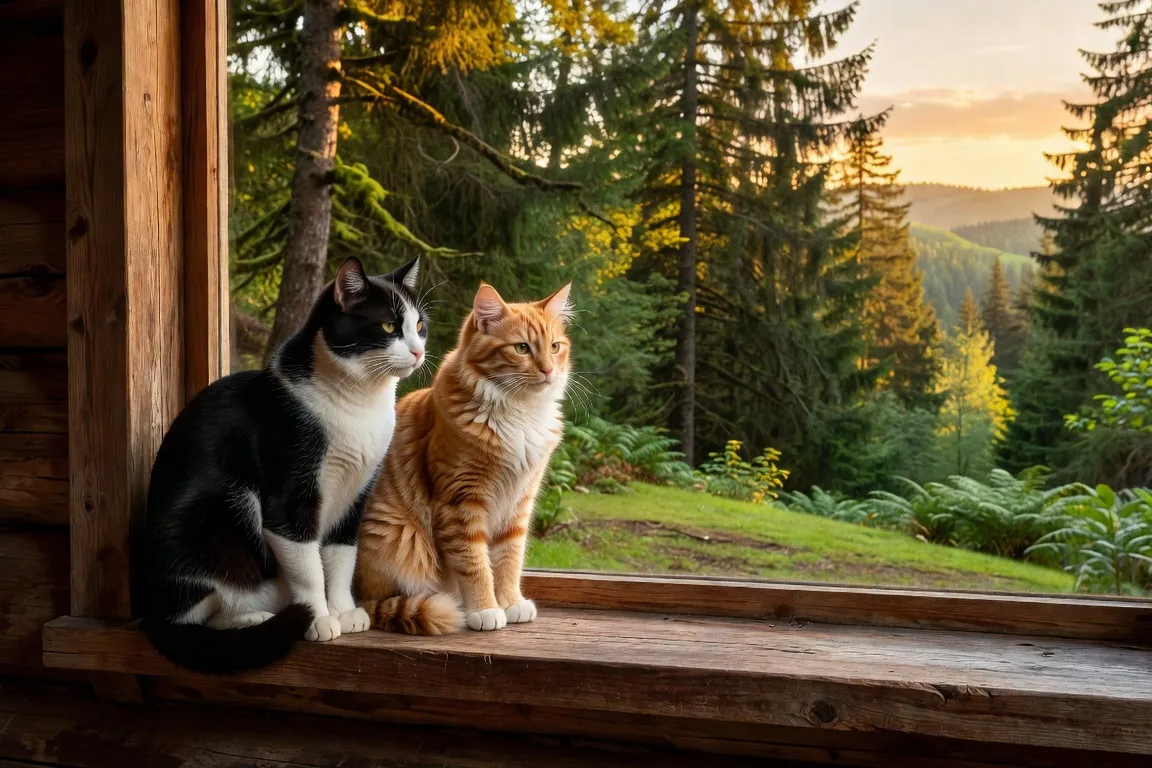 Deux chats — un noir et blanc et un roux et blanc — assis côte à côte sur le rebord d'une fenêtre panoramique du chalet, regardant l'extérieur boisé dans la lumière dorée du soir, ambiance de contemplation paisible