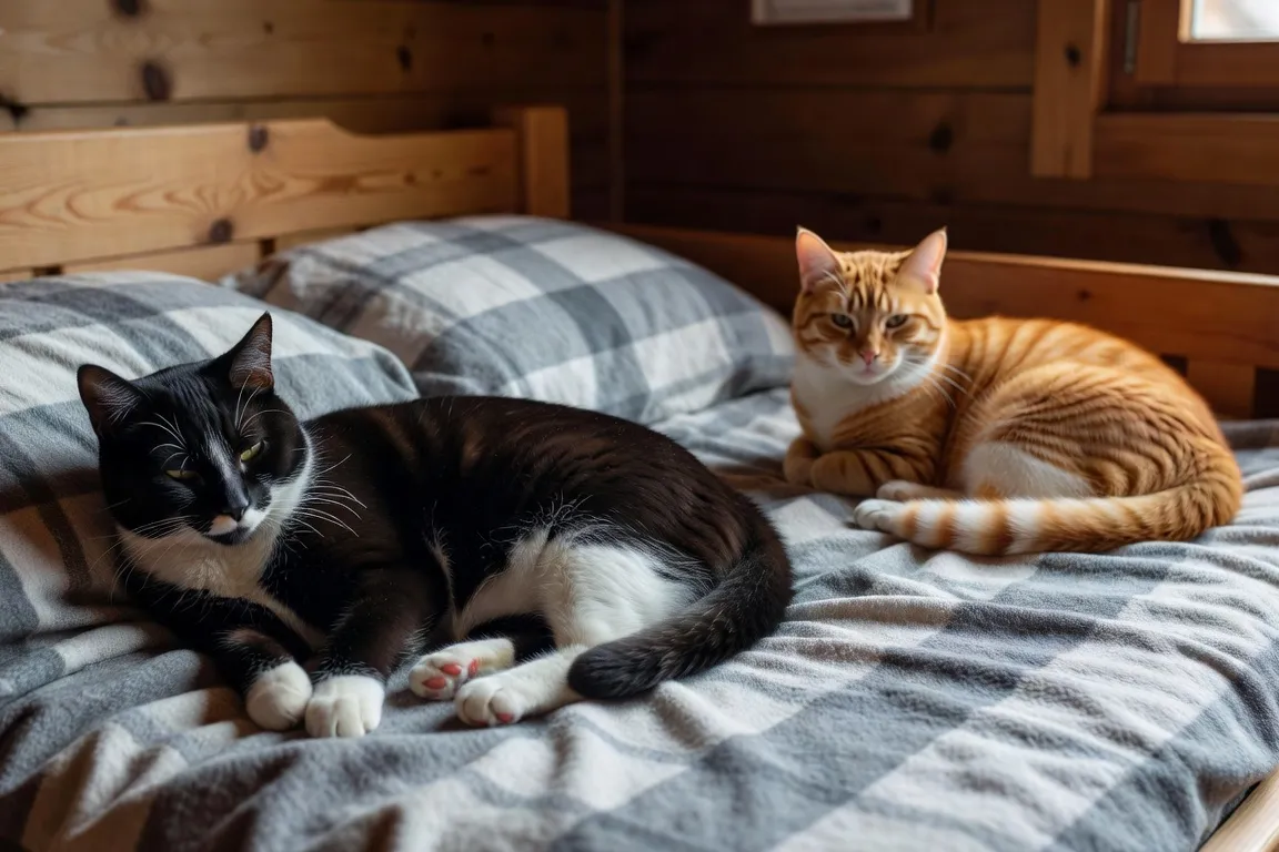Chatte noire et blanche allongée avec sérénité sur un lit en bois naturel, jeune chat roux et blanc installé à côté dans la zone de tolérance sociale, lumière douce de fenêtre, ambiance de récupération paisible au chalet