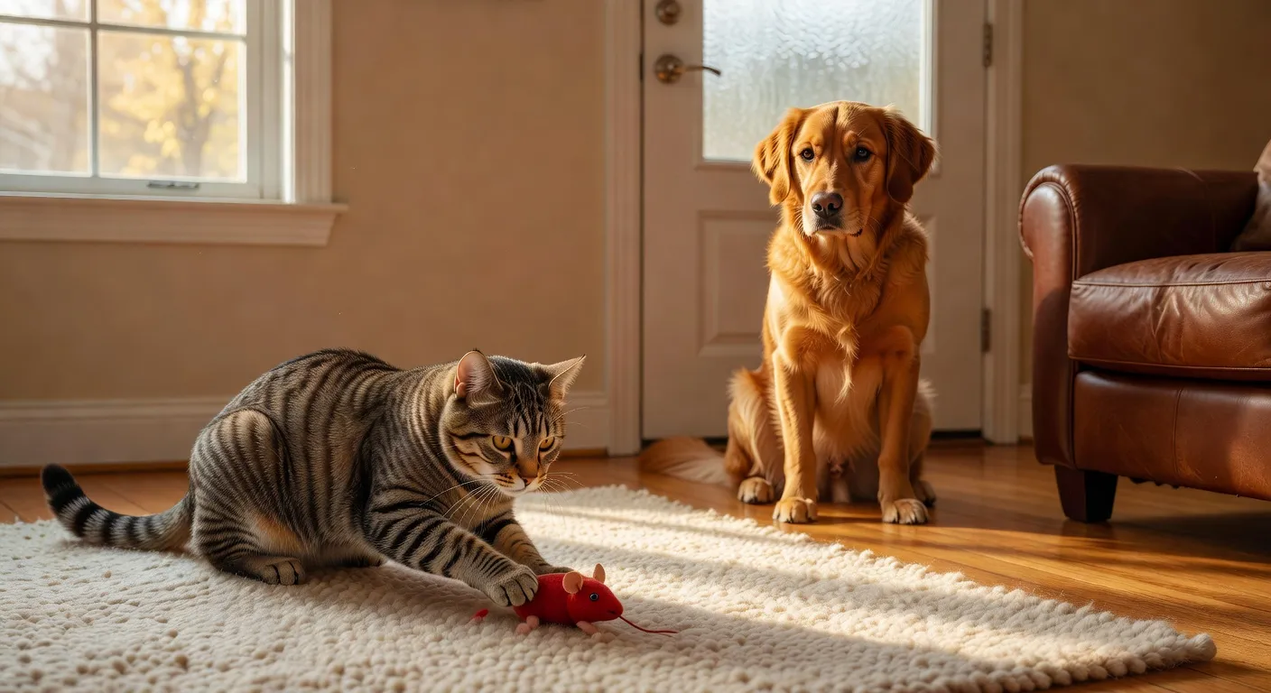Un chat se toilettant à côté d'un chien au repos