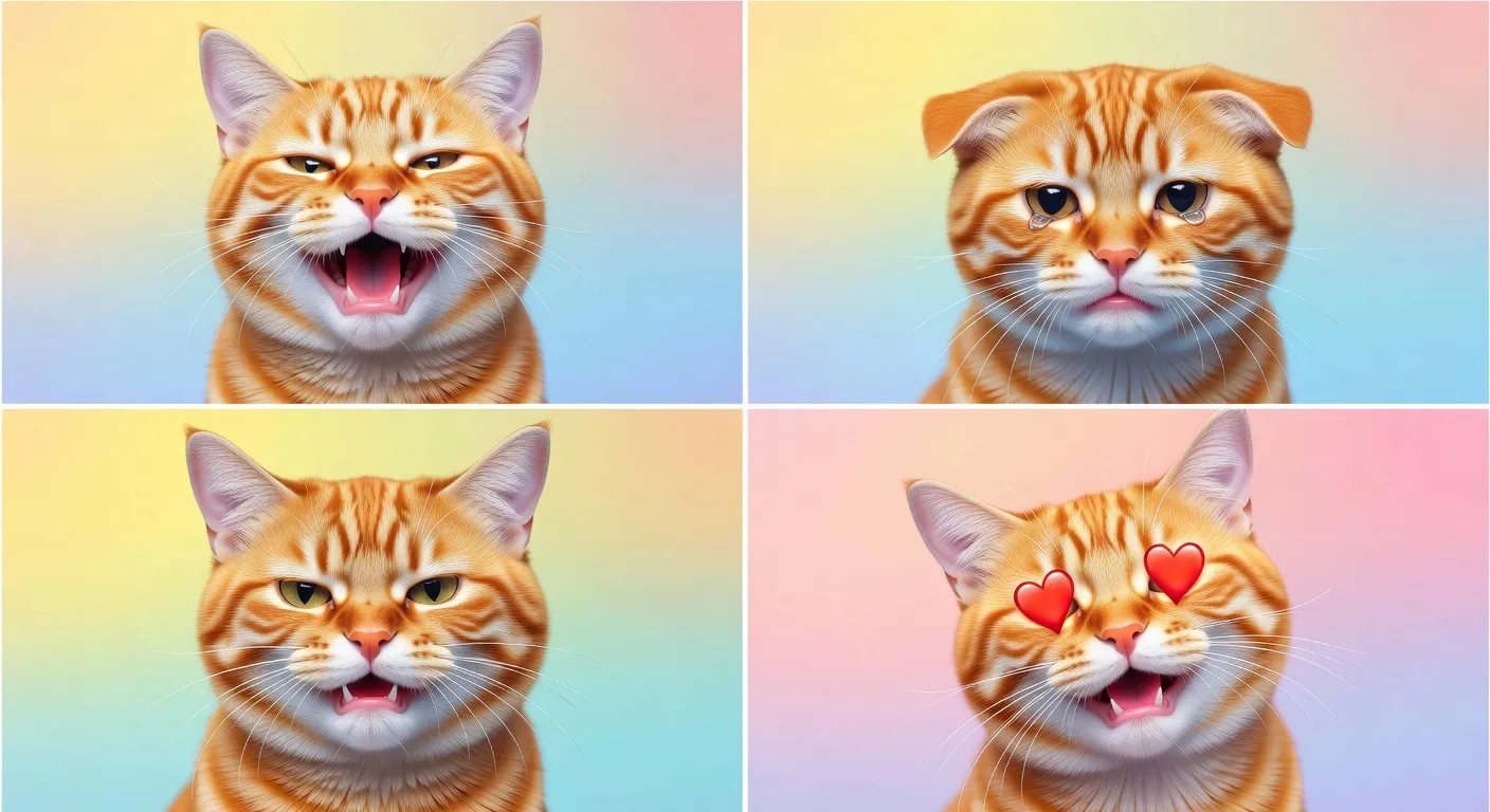 Une collection colorée d'emojis de chat avec différentes expressions alignés