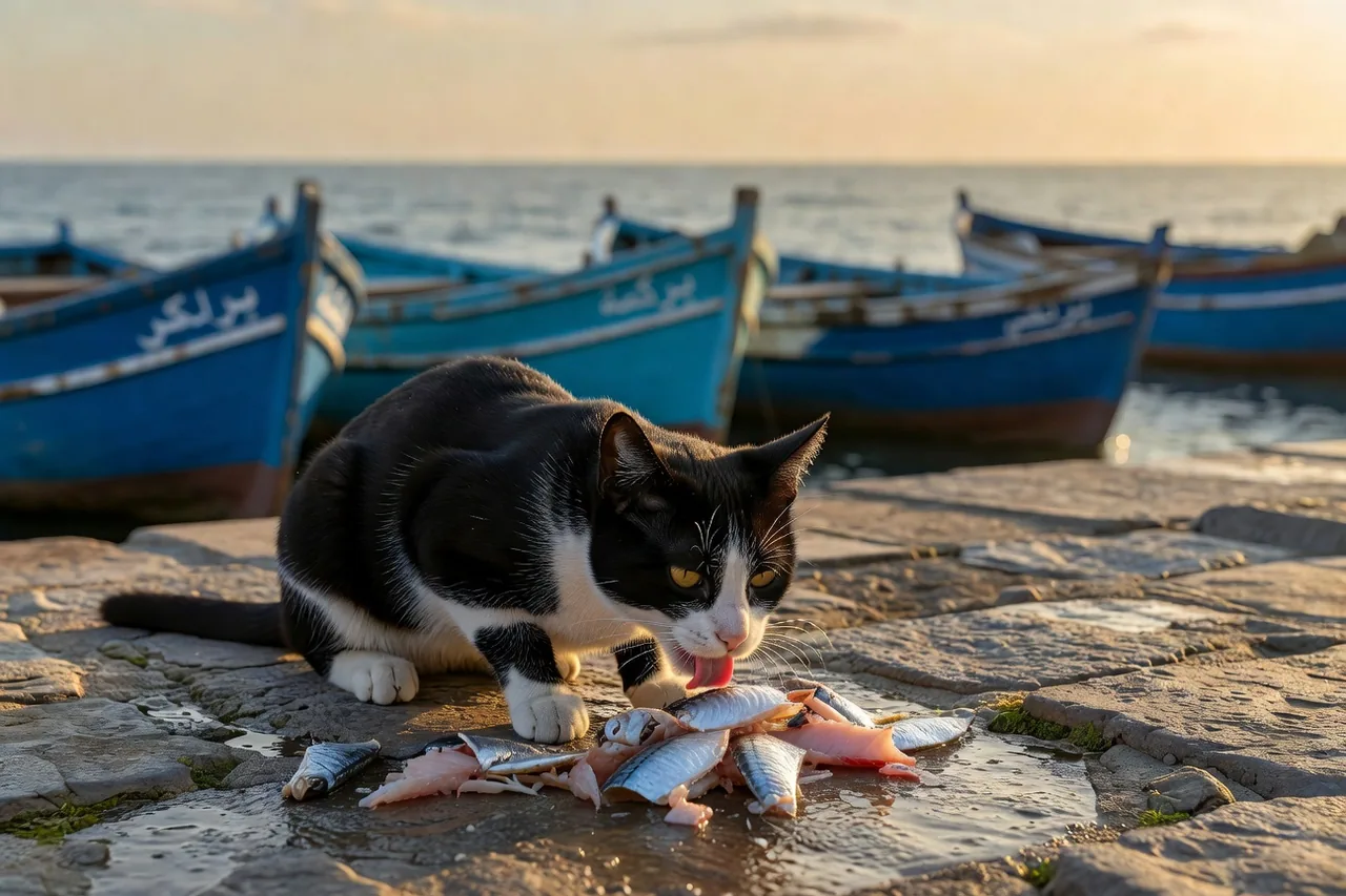 Chat noir et blanc mangeant des restes de poisson sur le port en pierre d'Essaouira, bateaux bleus traditionnels en arrière-plan, lumière dorée de fin d'après-midi