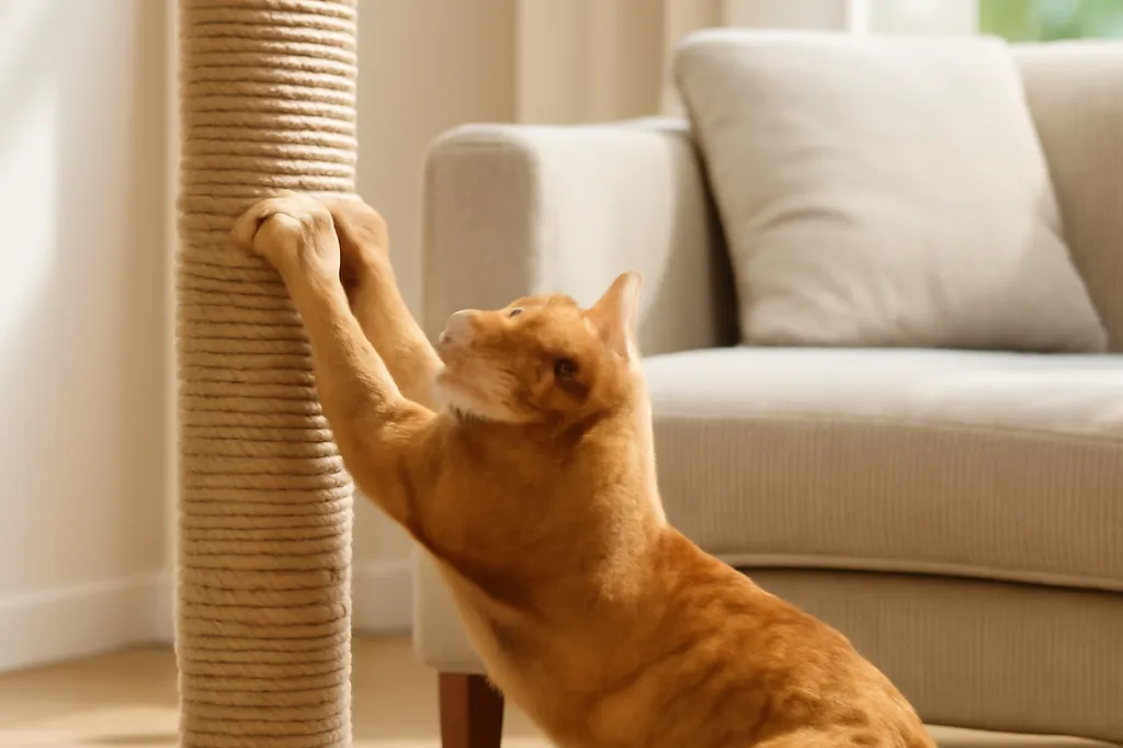 Un chat roux s’étire pour griffer un griffoir en corde de sisal vertical dans un salon lumineux