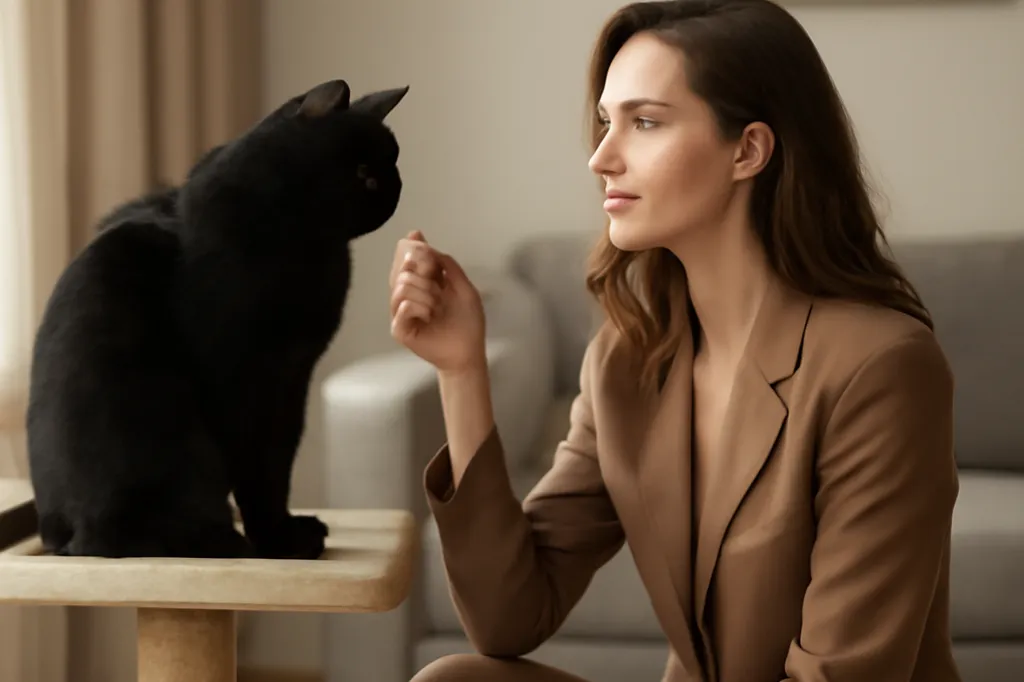 Une femme récompense avec une friandise un chat noir installé sur un arbre à chat près d’un griffoir
