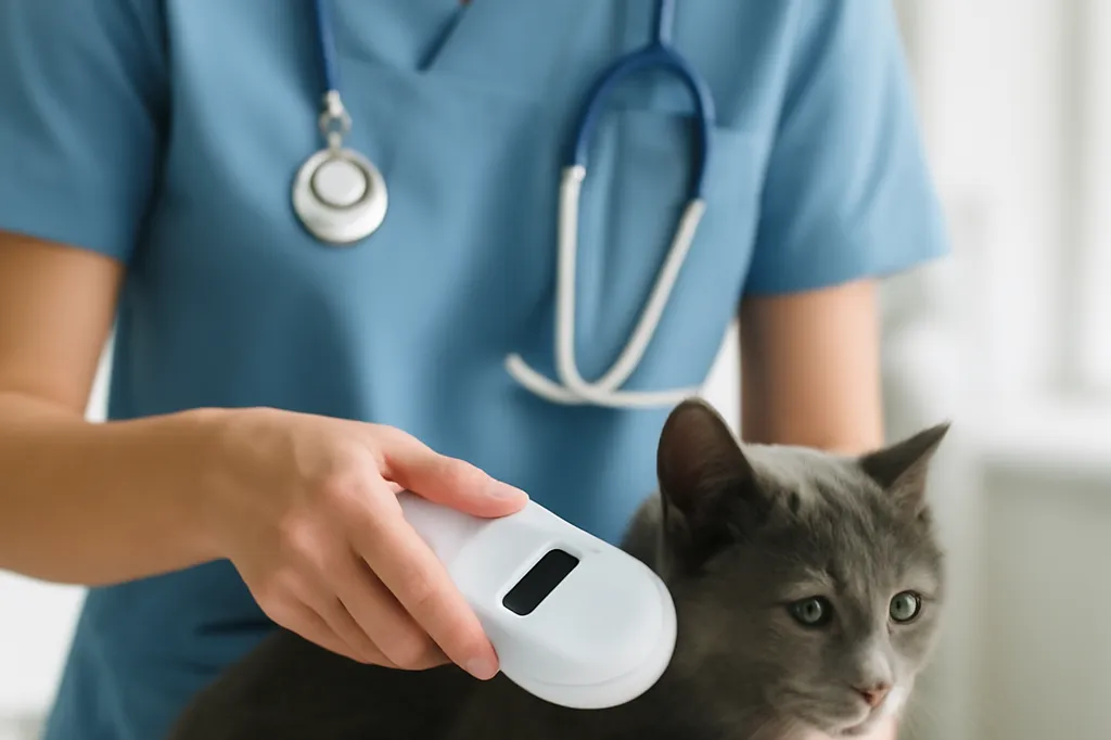 Une vétérinaire tient un lecteur de puce électronique portable au-dessus du cou d’un chat gris calme lors d’une consultation