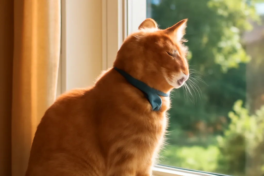 Un chat roux portant un collier avec un petit traceur assis sur le rebord d’une fenêtre ensoleillée