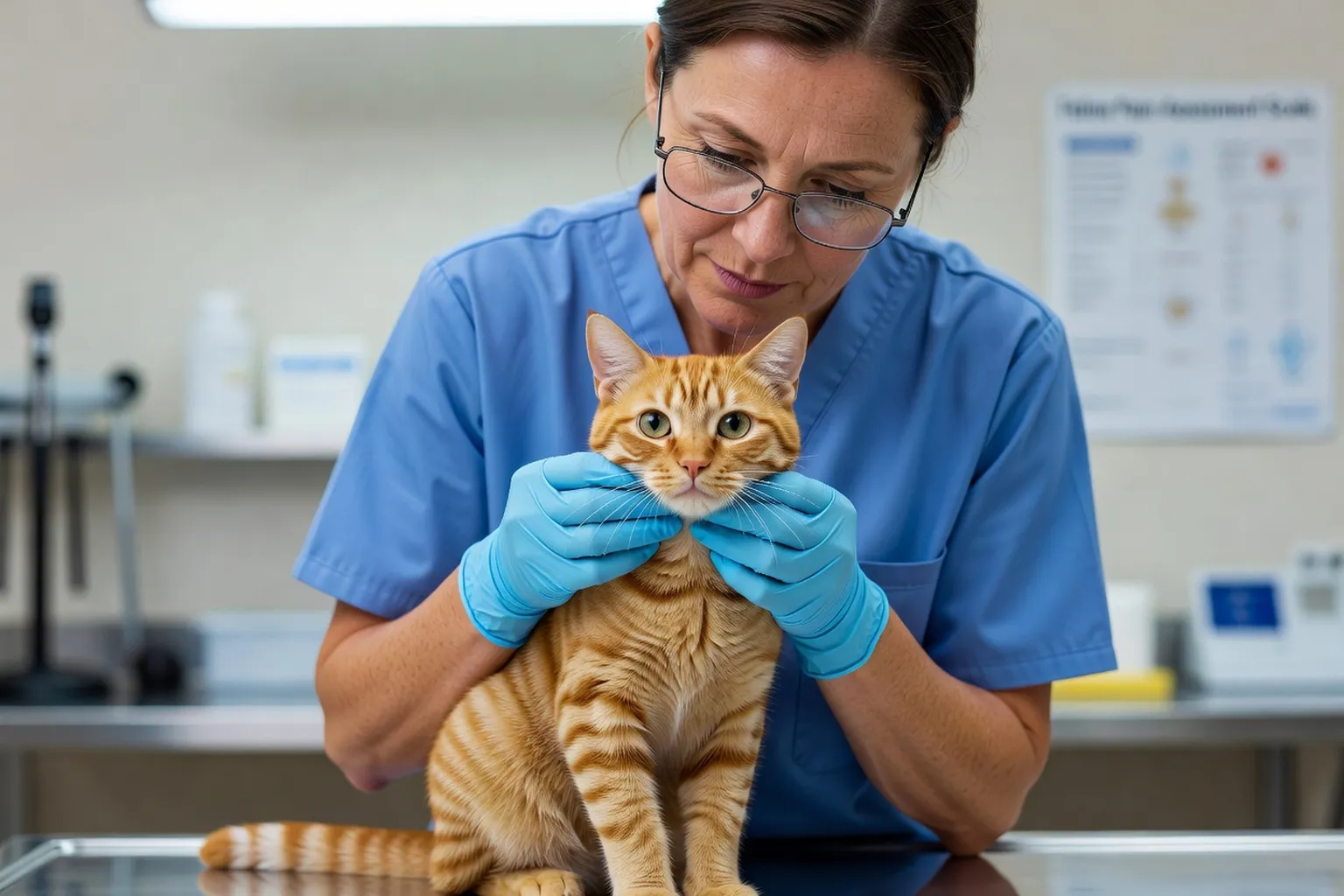 Un vétérinaire examinant doucement un chat sur une table d’examen — importance du bilan clinique régulier pour détecter une douleur silencieuse