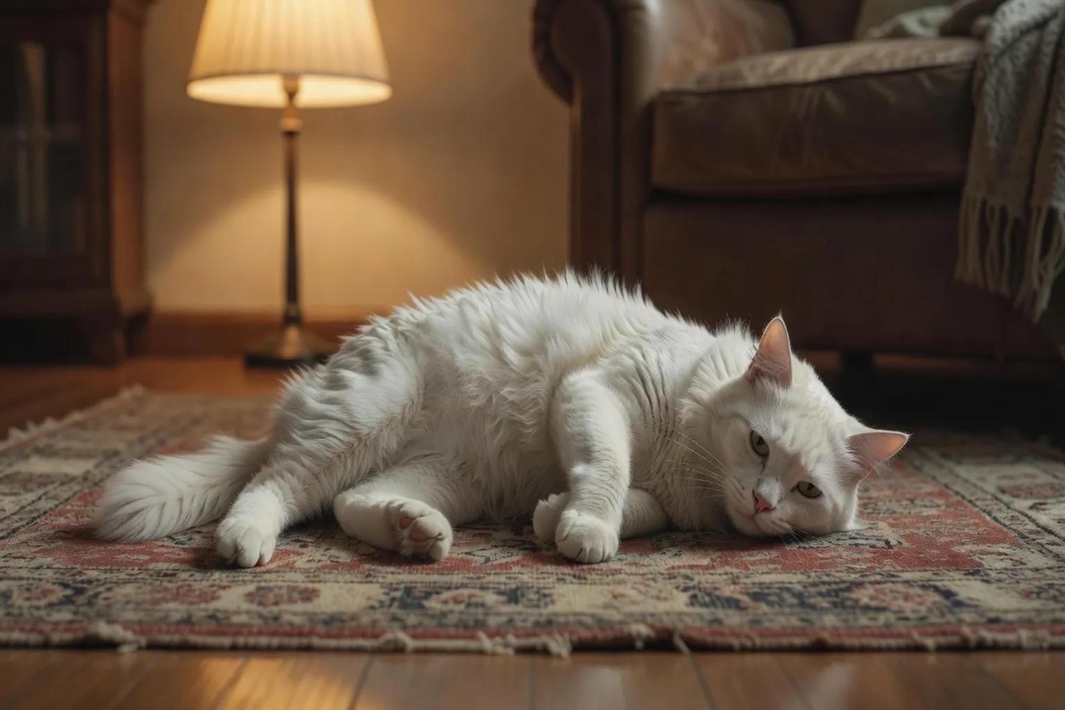 Chat senior allongé dans une position de repos inhabituelle — signe potentiel d’arthrose ou d’inconfort chronique à ne pas négliger