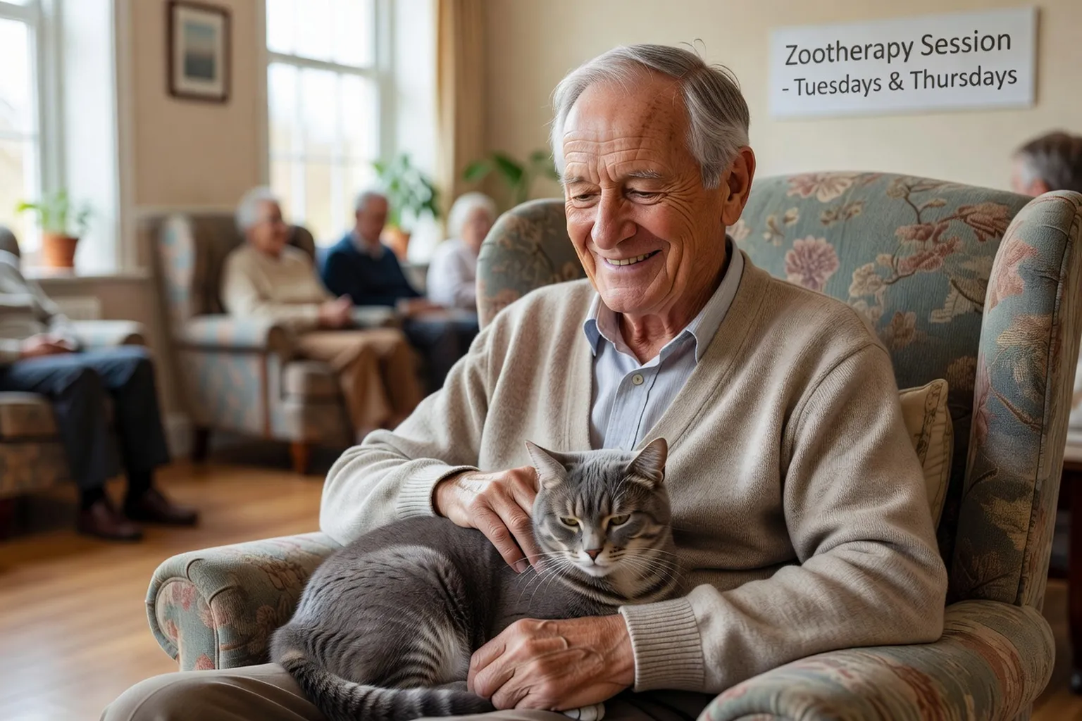 Un résident d’EHPAD souriant en tenant un chat gris — la zoothérapie féline montre des résultats mesurables sur l’isolement social des personnes âgées