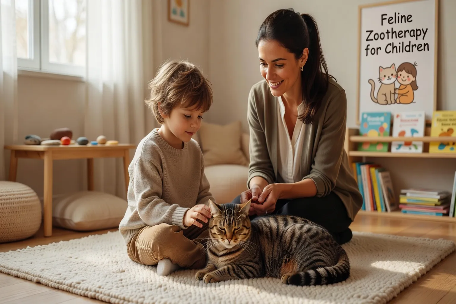Un enfant autiste interagissant doucement avec un chat calme lors d’une session de zoothérapie encadrée — la présence féline réduit l’anxiété sociale
