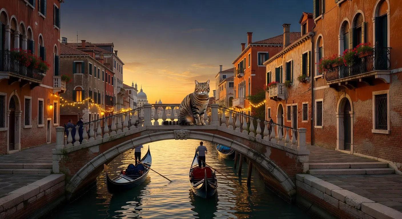 Un Maine Coon roux majestueux posé devant une villa italienne avec des cyprès et des oliviers