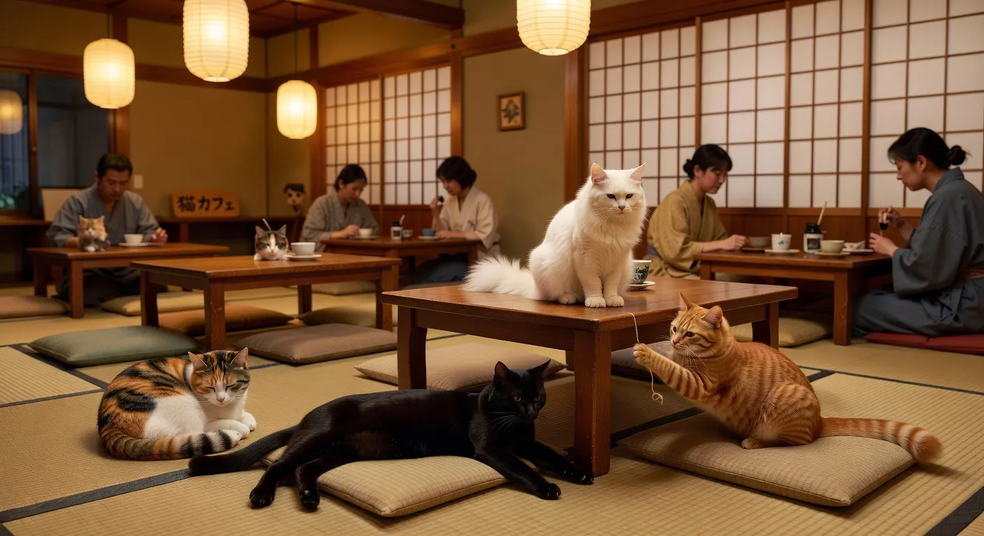 Un Maneki-neko traditionnel à côté d'un vrai Bobtail Japonais tricolore dans un intérieur japonais zen