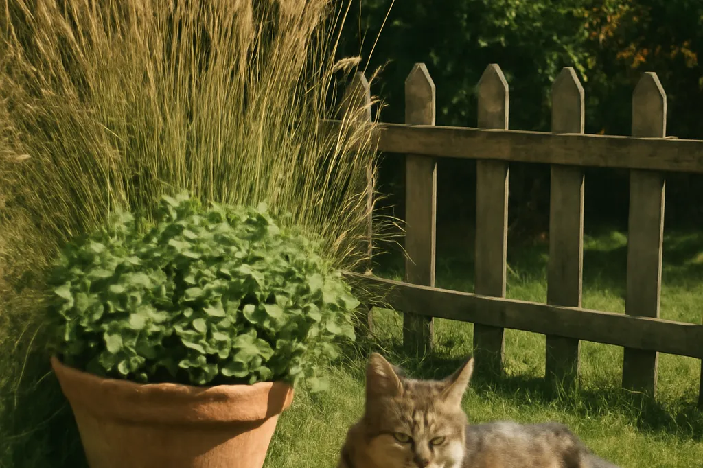 Un pot d’herbe à chat et des graminées près d’une clôture en bois basse, avec un chat tigré allongé sur l’herbe au soleil