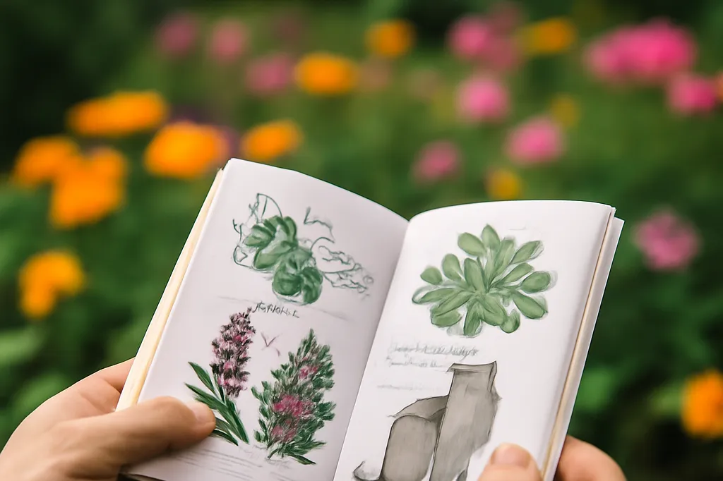 Des mains tiennent un guide de plantes avec en arrière-plan un massif de fleurs coloré dans un jardin