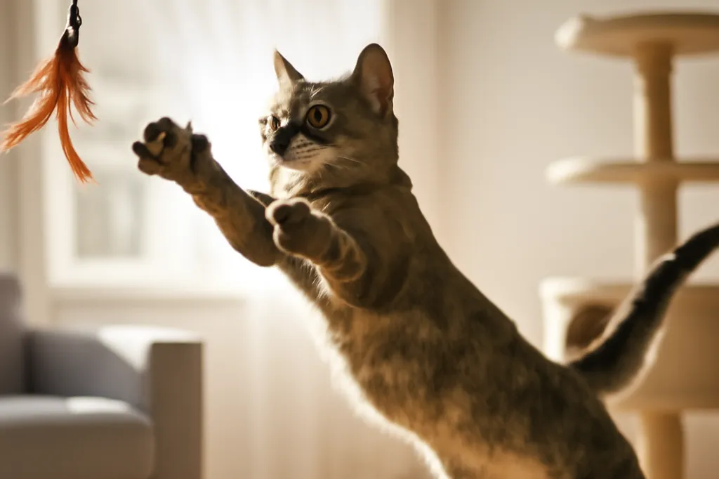 Un chat en pleine action de saut pour attraper un jouet suspendu, dans une pièce lumineuse avec un arbre à chat en arrière-plan