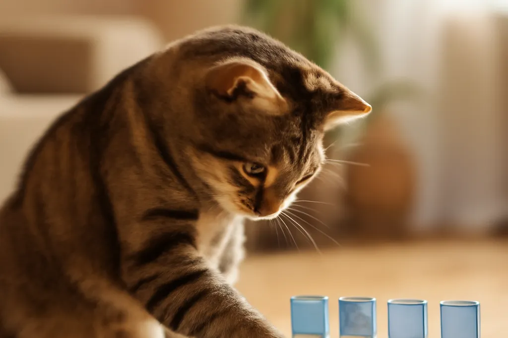 Un chat interagissant avec un distributeur de nourriture interactif posé au sol dans un intérieur chaleureux