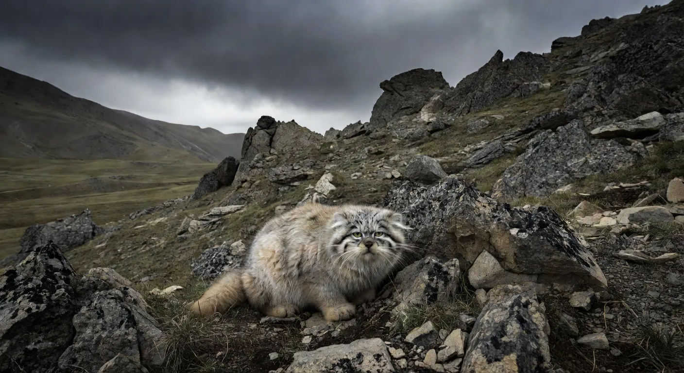 Un Manul au pelage gris dense camouflé parmi des rochers dans les montagnes du Kazakhstan