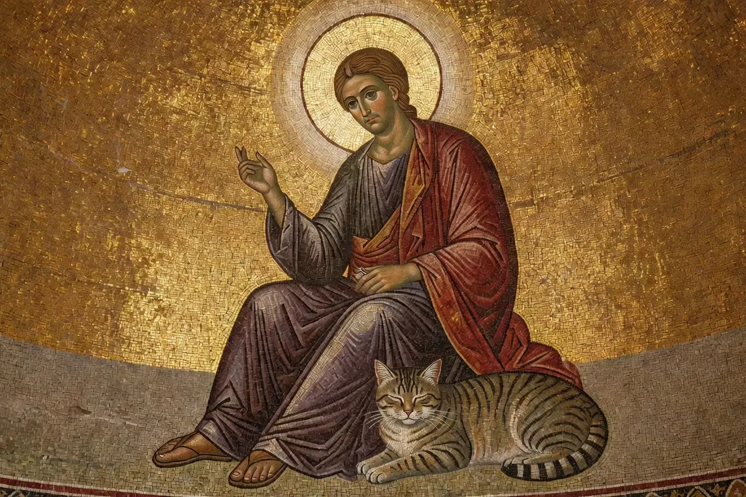 Mosaïque byzantine ancienne représentant un chat tigré aux pieds d'un saint chrétien orthodoxe en robe pourpre, fond doré, lumière sacrée d'icône orthodoxe