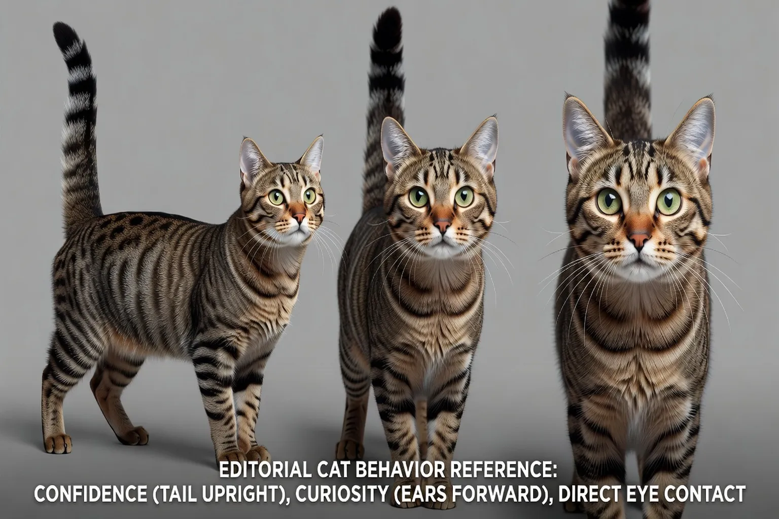 Un chat illustrant plusieurs postures clés : queue dressée (confiance), oreilles droites (curiosité), regard direct (attention) — le langage corporel félin en image