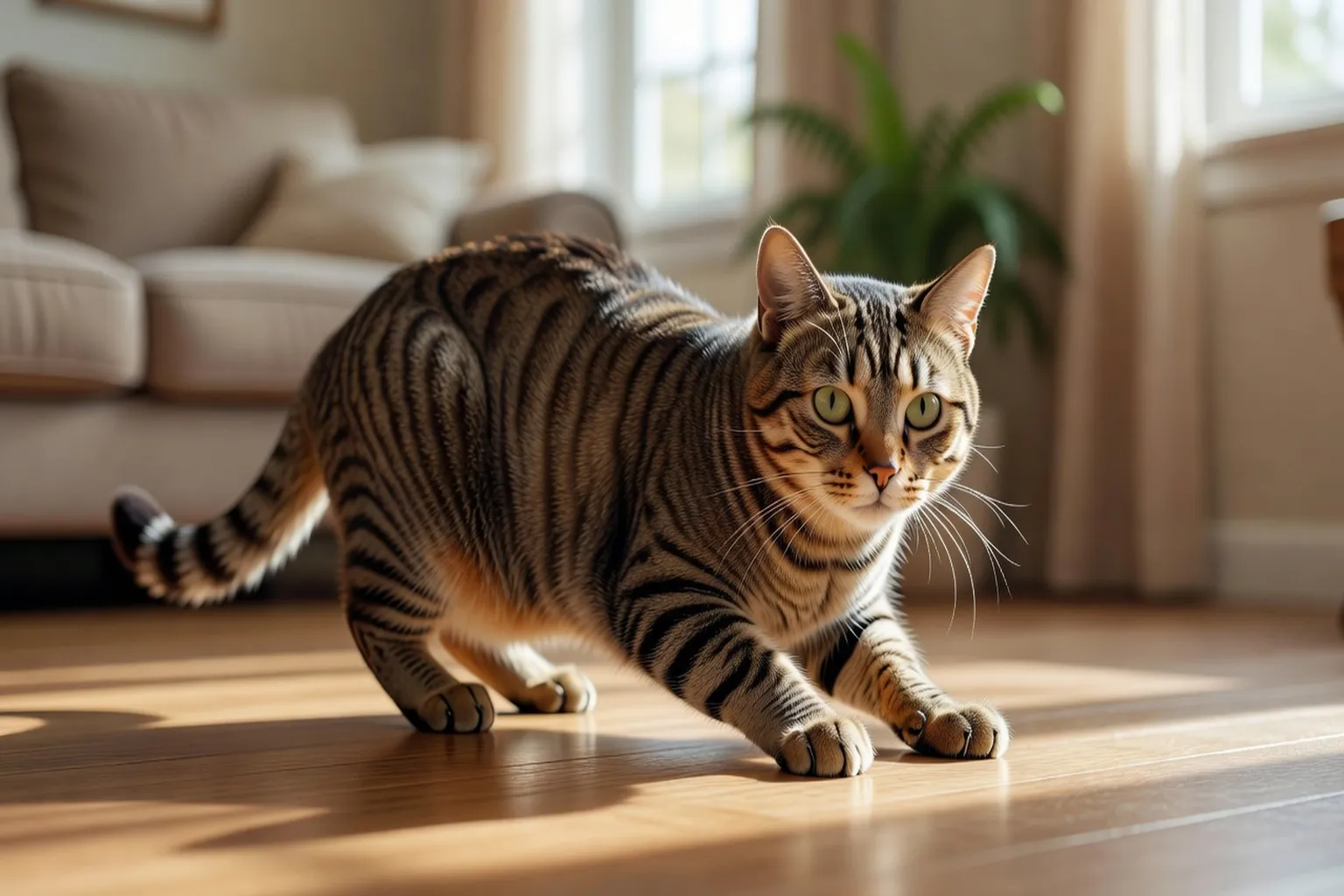 Un chat en position de stalking, corps rasé au sol, regard concentré sur un jouet hors champ — illustration parfaite de la séquence prédatrice