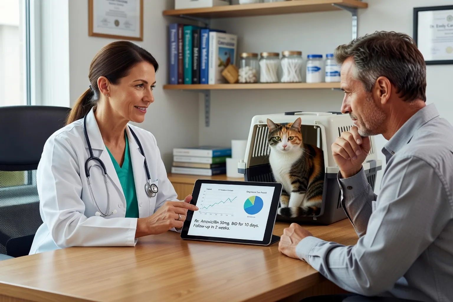 Un vétérinaire expliquant une ordonnance à un propriétaire attentif, tablette médicale visible en consultation
