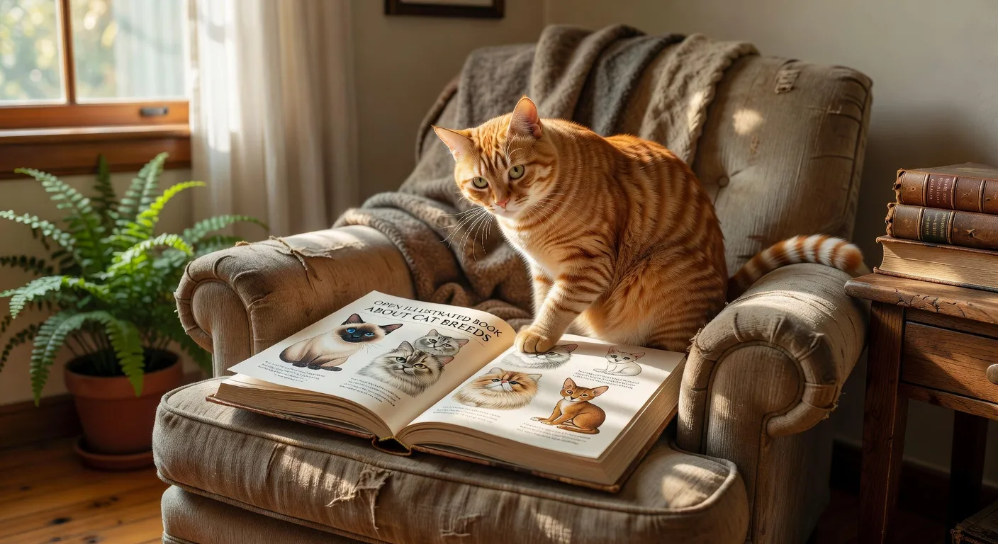 Des livres sur les chats disposés sur une table en bois avec un chat curieux qui les examine