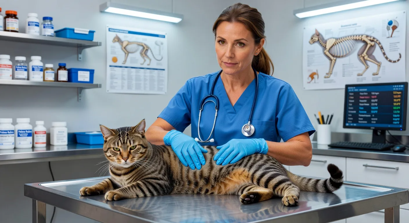 Un vétérinaire qui examine délicatement les pattes arrière d'un chat allongé sur une table d'examen