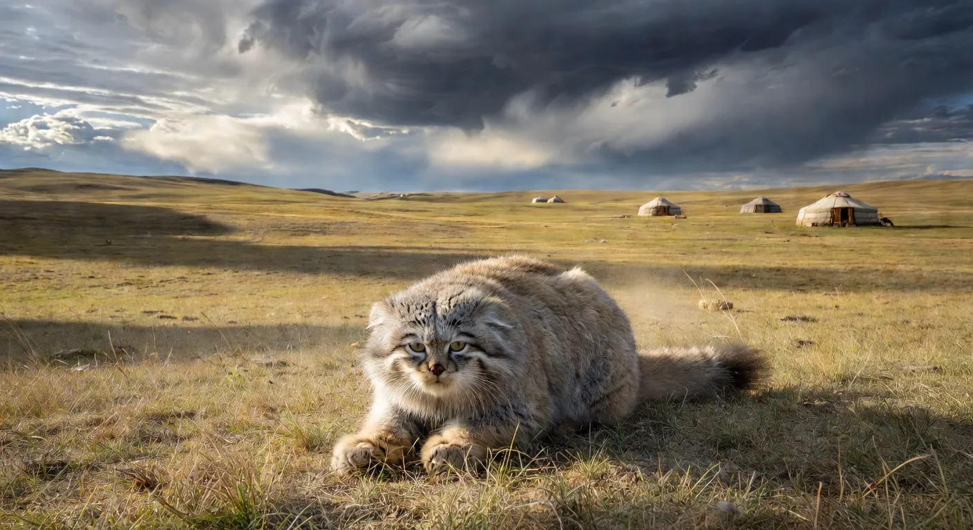 Un Manul adulte observant les steppes mongoles depuis un rocher, pelage gonflé par le vent