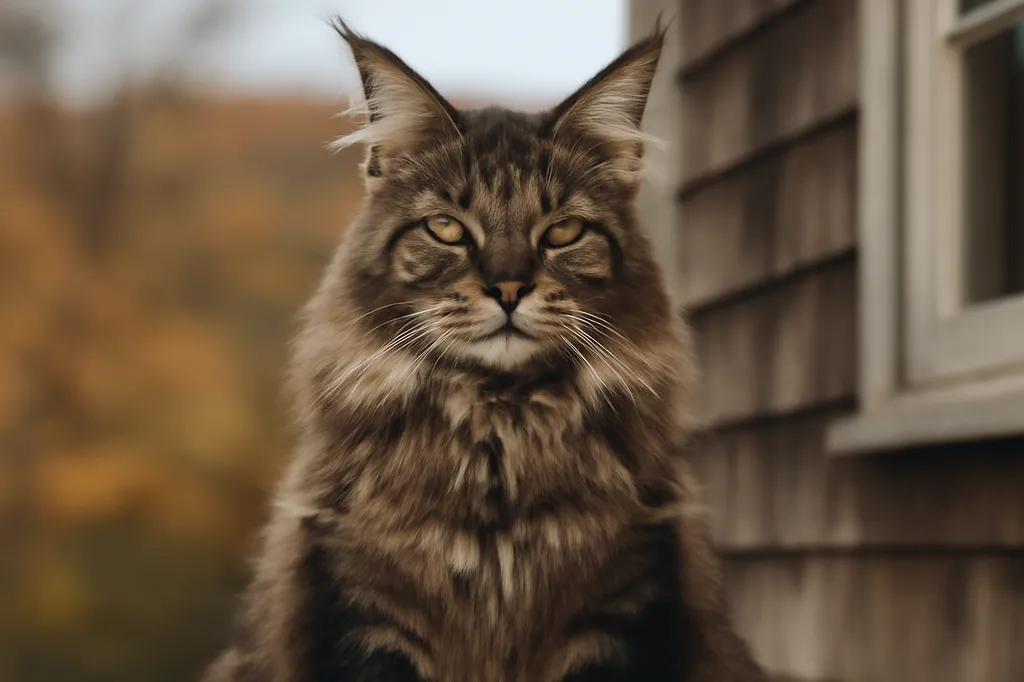 Un grand chat à poil long de type Maine Coon aux oreilles garnies de plumets, assis sur le porche en bois d'une maison rustique de Nouvelle-Angleterre en automne
