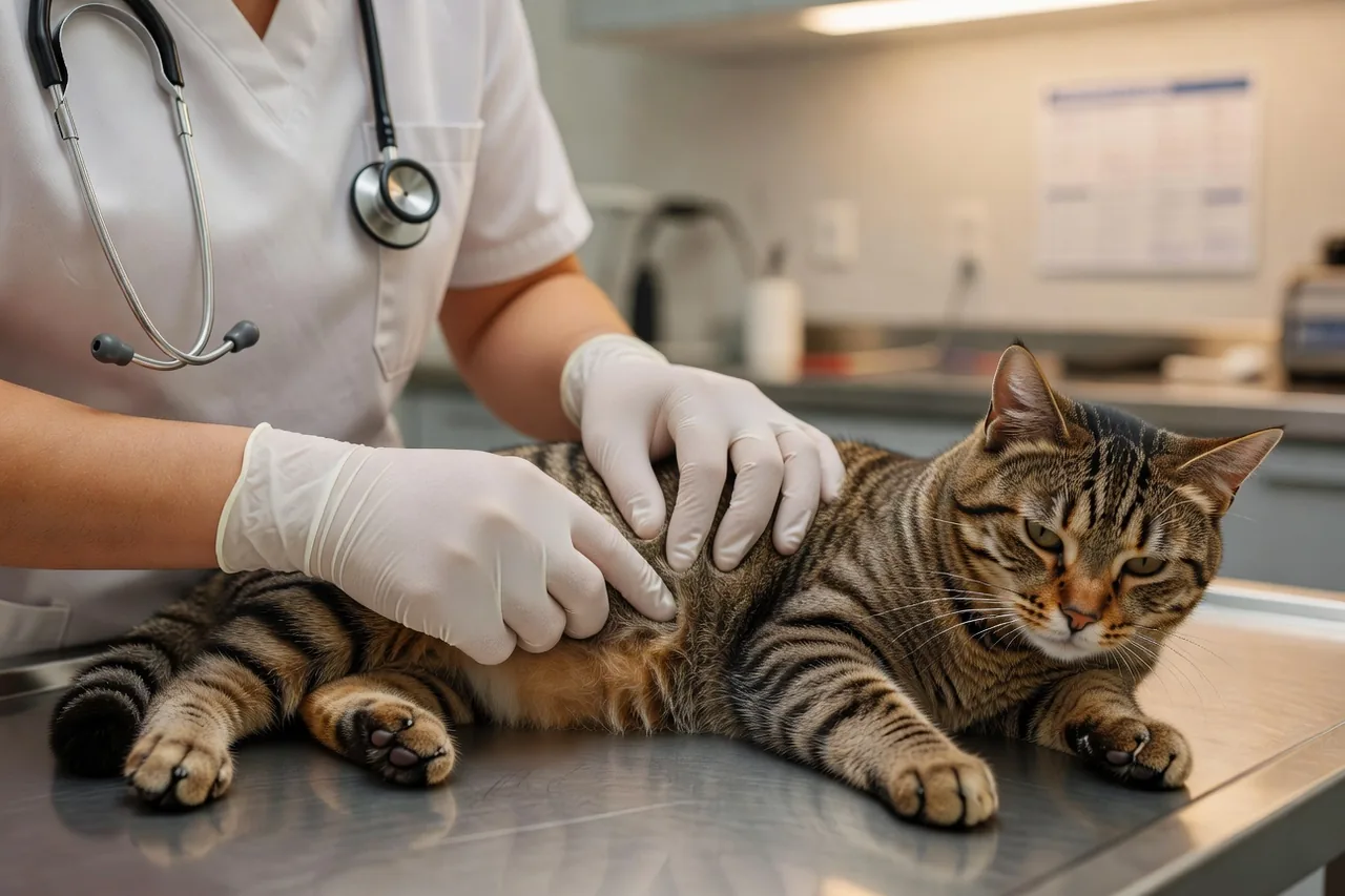 Vétérinaire en blouse blanche examinant délicatement la patte arrière d'un chat tigré sur une table d'examen, stéthoscope visible