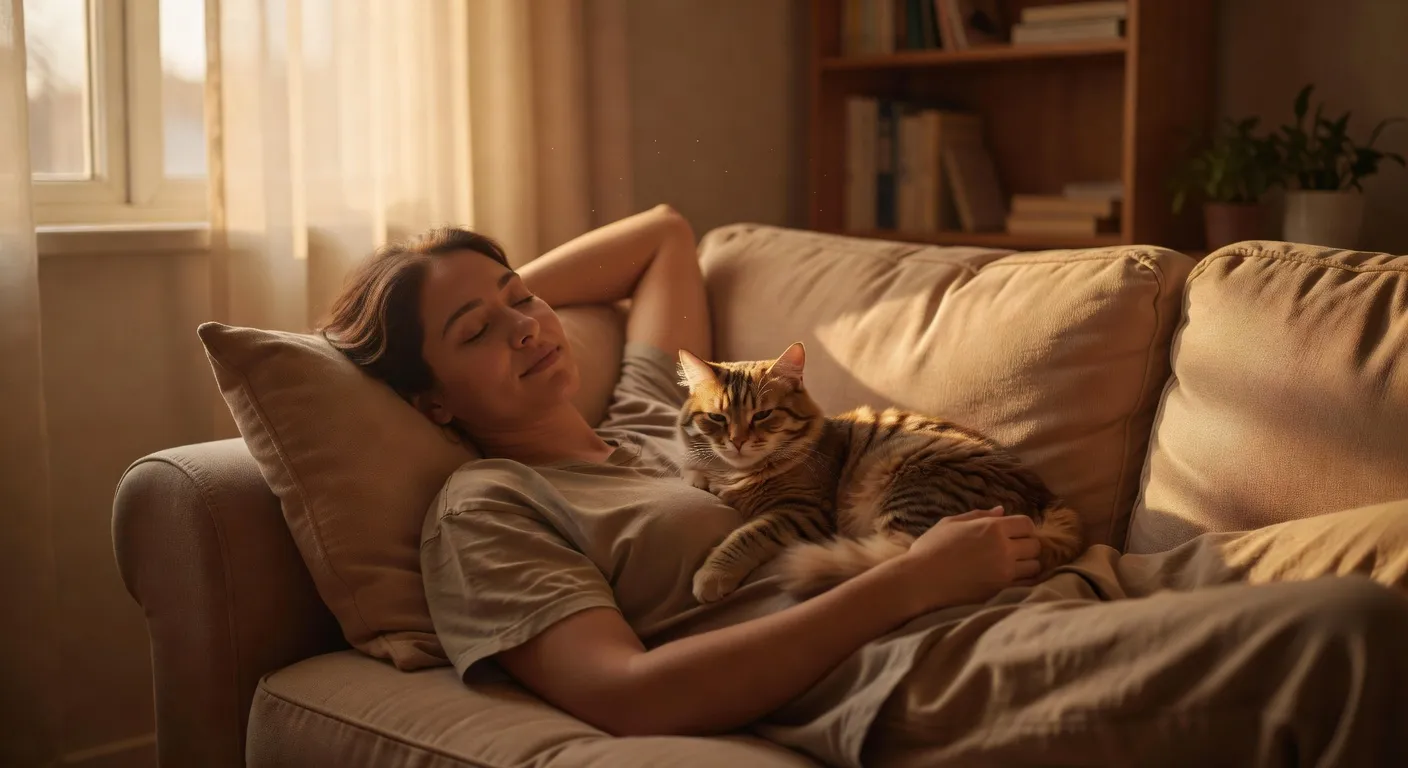 Une famille jouant avec un chat dans le salon