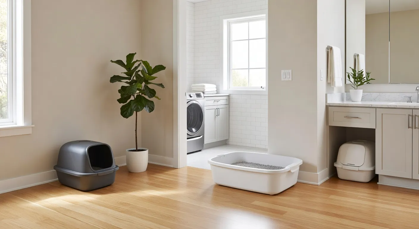 Un chat observant deux bacs à litière dans une pièce calme