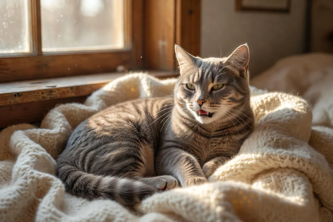 Un chat gris tigré ronronnant paisiblement, blotti dans une couverture en laine près d'une fenêtre ensoleillée