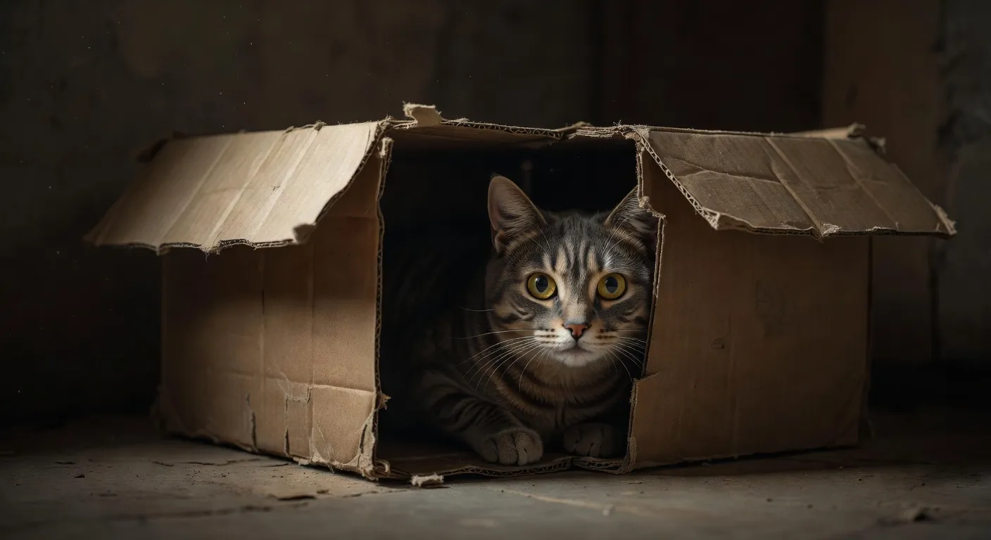 Un chat tigré aux oreilles plaquées en arrière, signe de stress, caché derrière un rideau