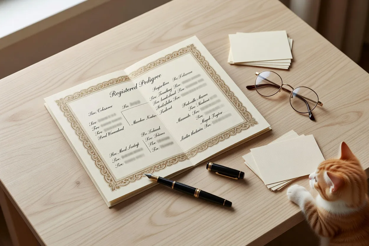 Un certificat de pedigree félin ouvert sur une table en chêne clair, entouré d'un stylo plume, de lunettes rondes et de fiches cartonnées, avec la patte d'un chaton roux posée sur le bord
