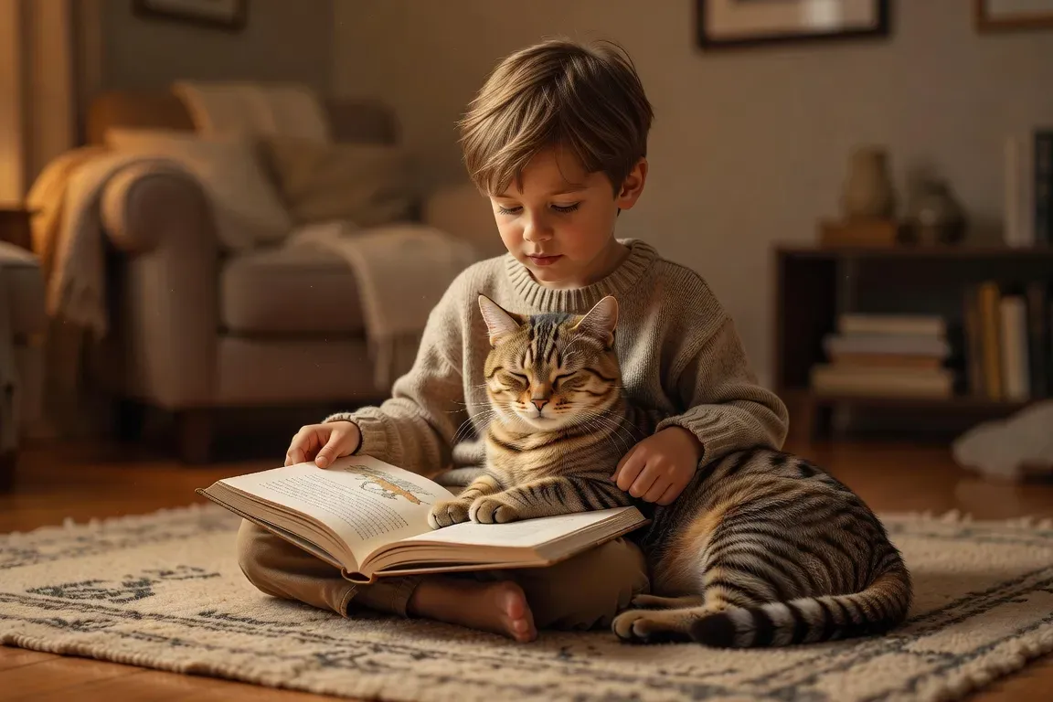 Enfant de 6-7 ans assis par terre avec un chat calme sur ses genoux, moment de lecture et de câlin