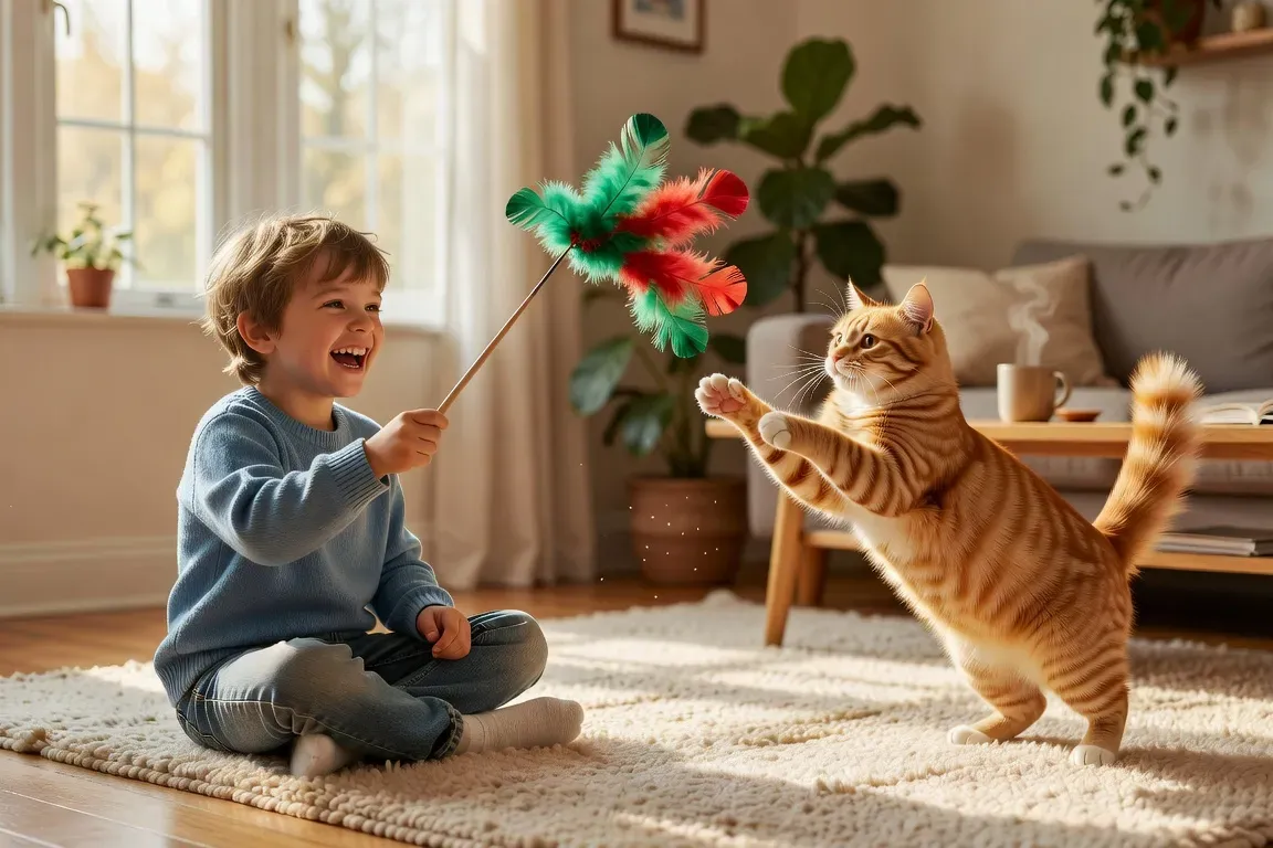 Enfant jouant avec un chat avec une plume, moment de jeu interactif, sourire