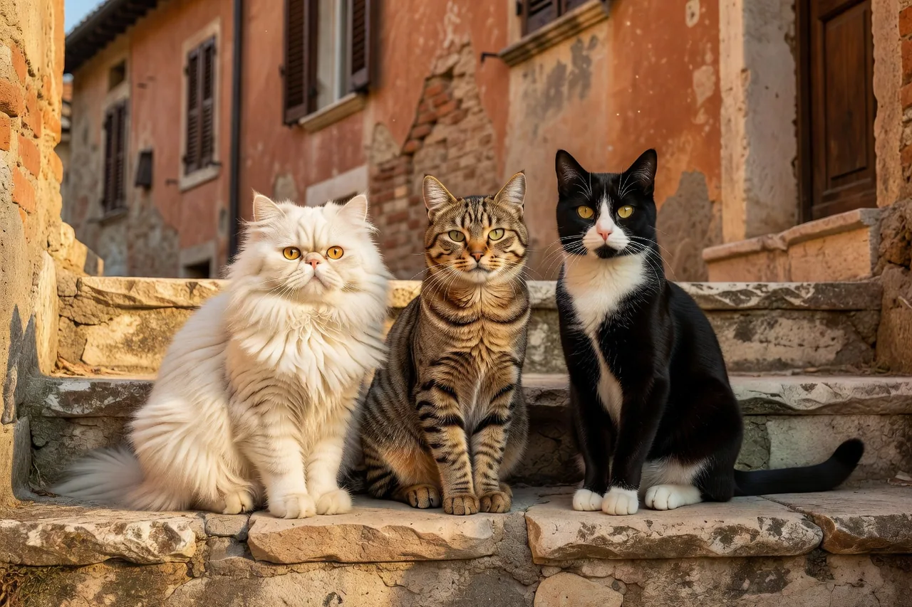Trois races de chats italiens différentes — un blanc semi-persan, un tigré sicilien et un noir et blanc européen — assis ensemble sur les marches en pierre chaude d'une vieille maison italienne