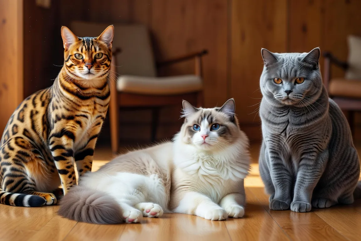 Trois chats de races différentes posant ensemble : un Bengal tacheté, un Ragdoll bicolore et un British Shorthair gris