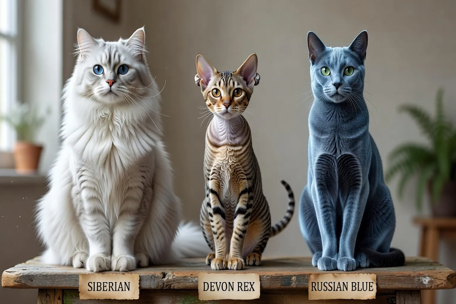 Trois races de chats côte à côte : un Sibérien blanc, un Devon Rex tigré, et un Russe Bleu — comparaison des races hypoallergéniques disponibles en France