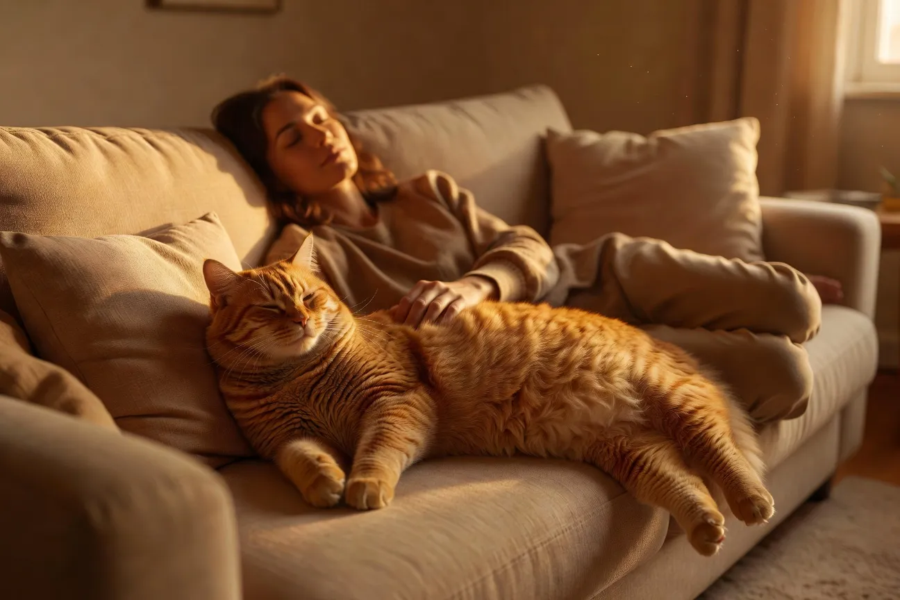 Chat roux ronronnant sur la poitrine d'une personne allongée, scène intime et apaisante en intérieur