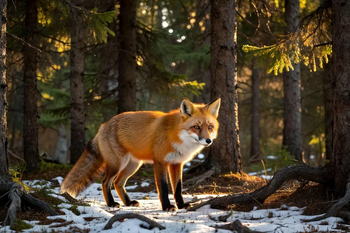 Renard roux à la lisière d'une forêt de sapins, tête légèrement baissée, fixant quelque chose hors du cadre dans la lumière oblique du soir