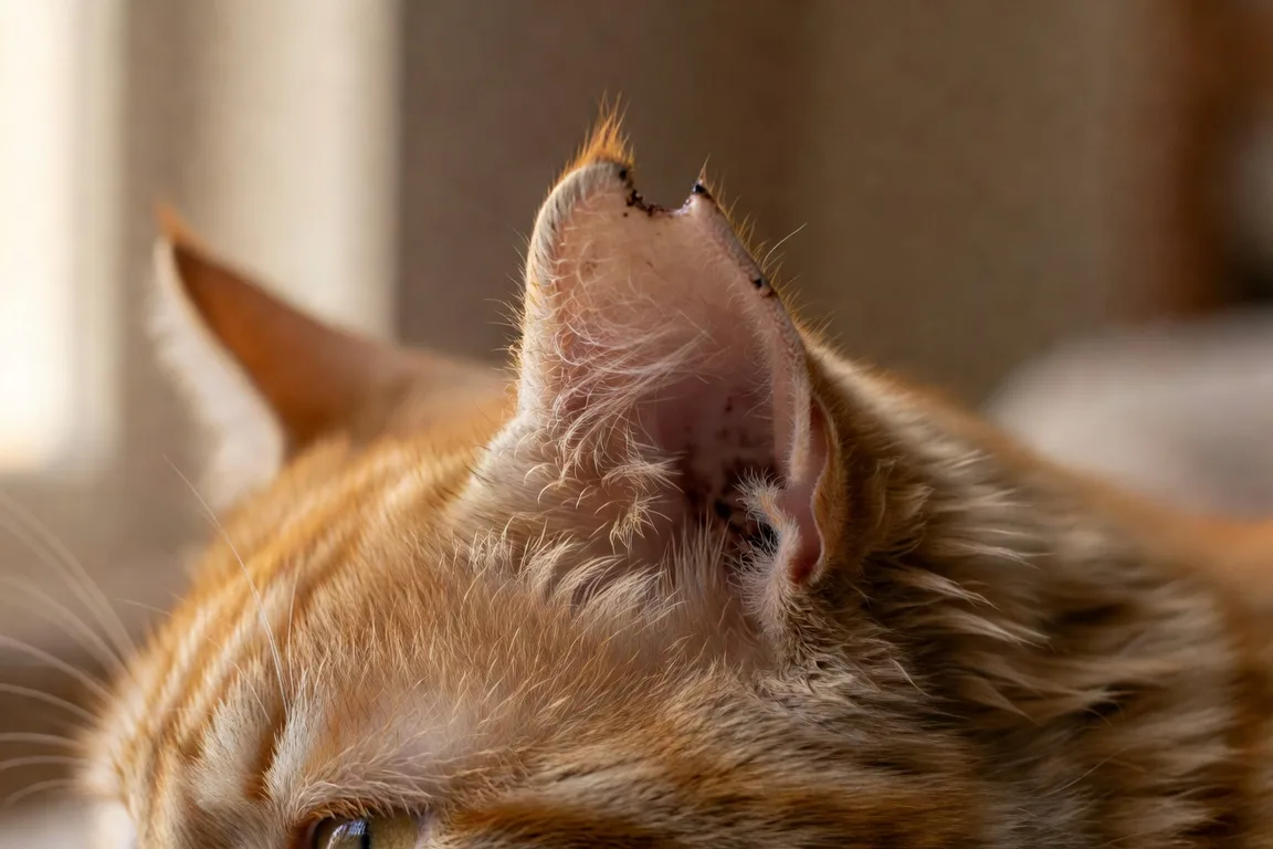 Détail rapproché d'une oreille de chat roux montrant une entaille fraîche sur le bord supérieur du pavillon, le poil légèrement ébouriffé autour, dans une lumière naturelle douce