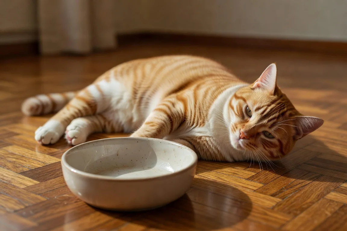 Gamelle de croquettes complètement vide léchée à l'intérieur, chat roux et blanc allongé à côté en posture détendue de digestion, lumière dorée du matin sur le parquet en bois