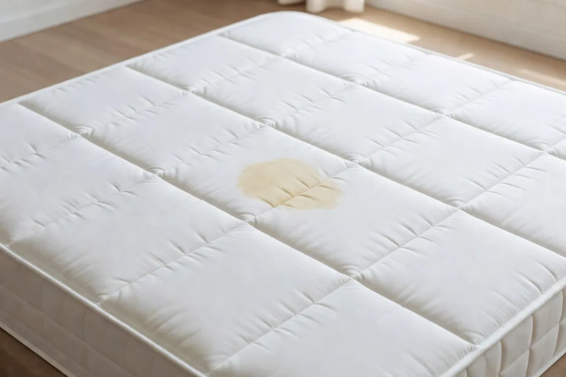 Détail rapproché d’un matelas blanc à motifs textiles avec une tache jaune pâle visible sur le tissu, lumière naturelle de fin de matinée, ambiance domestique réaliste sans drame, juste une preuve photographique du problème