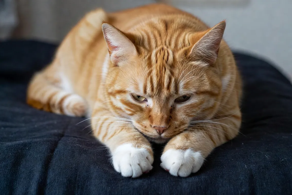 Rubix en sphinx sur un plaid sombre, mâchoire posée sur les pattes avant, yeux mi-clos, expression fatiguée mais pose stable — griffes légèrement visibles à la base de la patte avant gauche