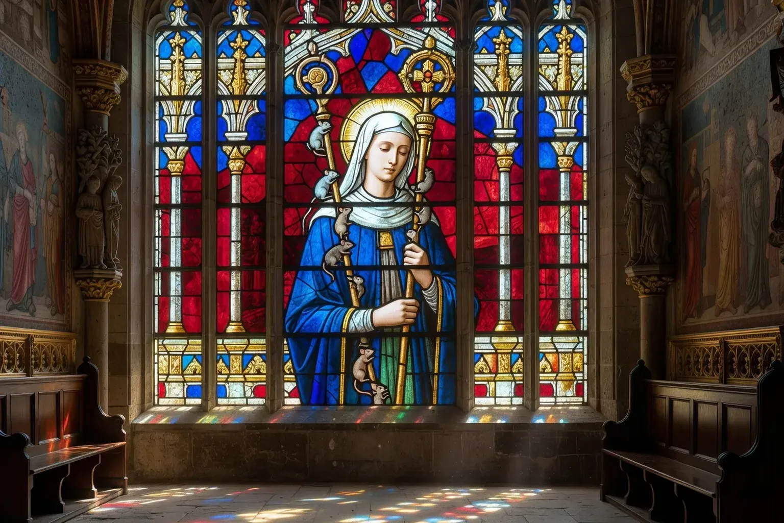 Vitrail médiéval ancien représentant sainte Gertrude tenant une crosse abbatiale couverte de petites souris stylisées, lumière colorée filtrée à travers le verre dans une église rurale flamande